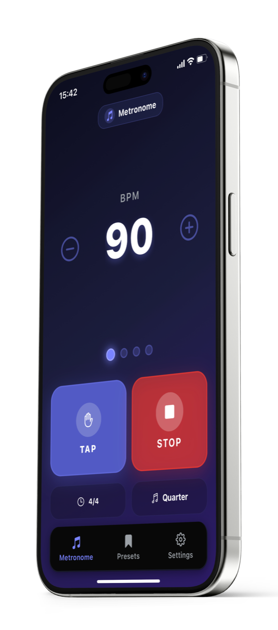 Metronome Pro - Tempo BPM iOS app running on iPhone 15 Pro Max showing main metronome interface